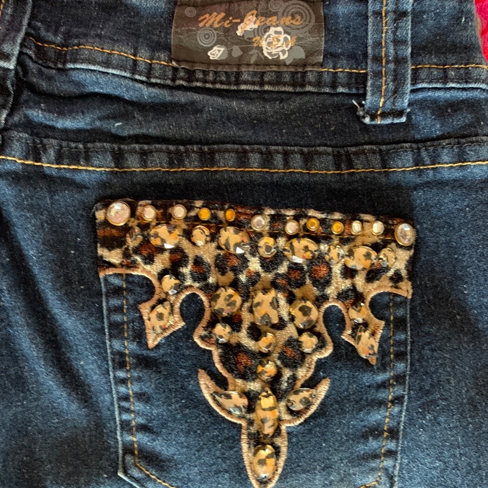 Mi-Jeans stretch whisker boot cut lots of bling and leopard print pockets